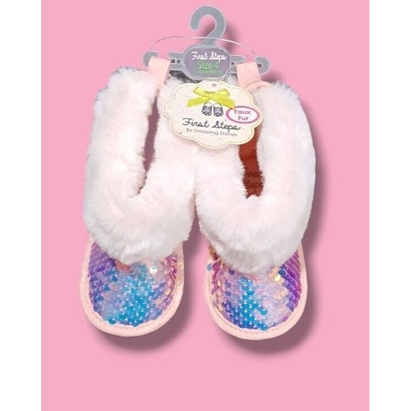 First Steps Sequin Toddler Size 4 Baby Girl Fluffy Faux Fur Shiny Slipper Boots - Picture 2 of 16